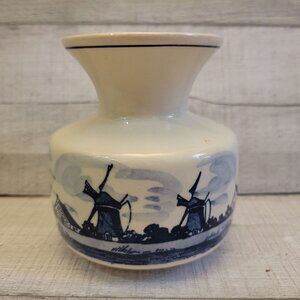 Hand Painted Delft Holland Ceramic Vase With Windmill Design